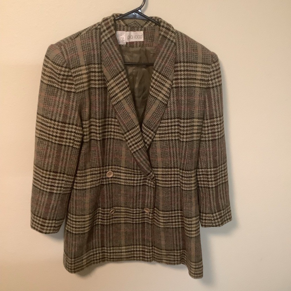 Pia Ricci Vintage Plaid Double Breasted Blazer Jacket Brown Tan Red Women Size 6
